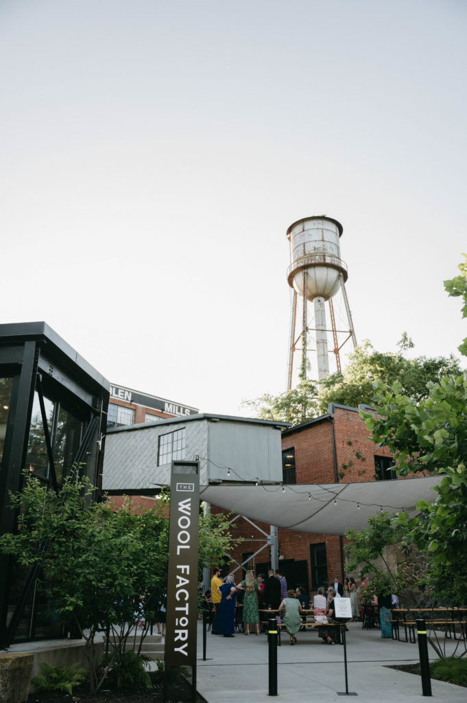 The front of an industrial wedding venue. 