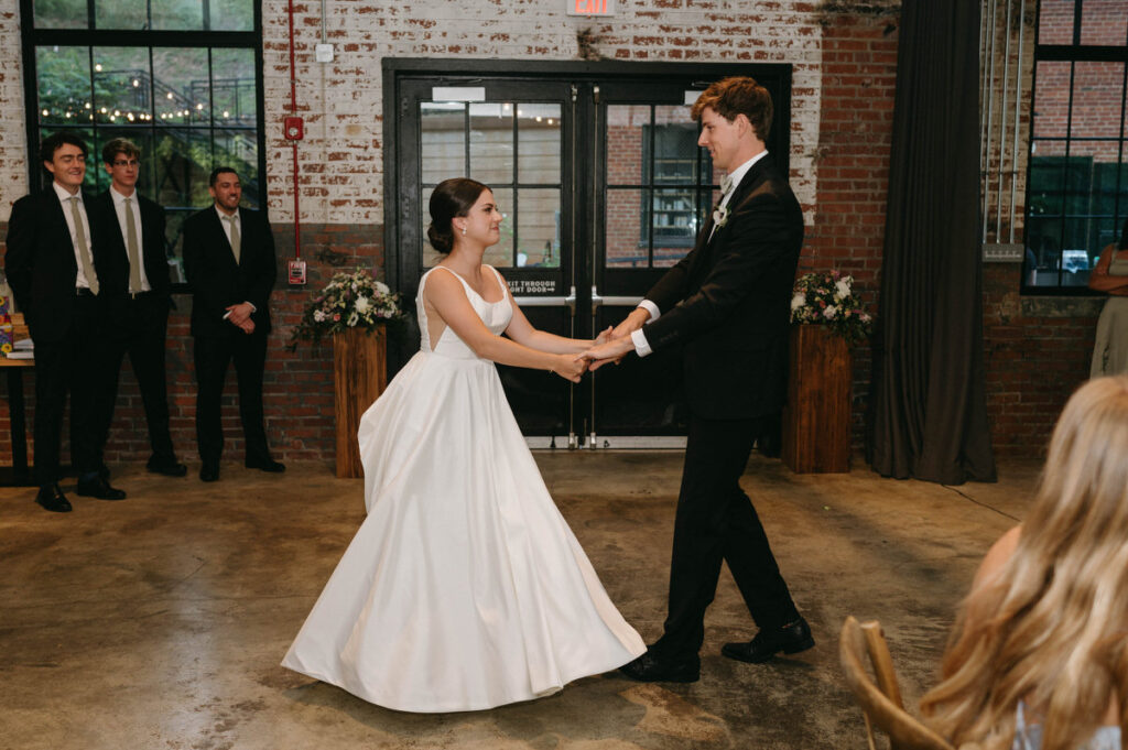 A couple during their first dance at their wedding. 
