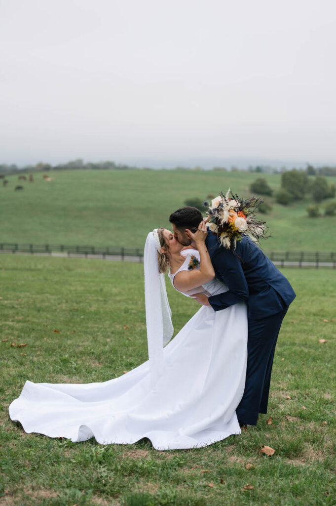 An intimate moment of a bride and groom kissing, with the bride's veil flowing and a serene pasture in the backdrop