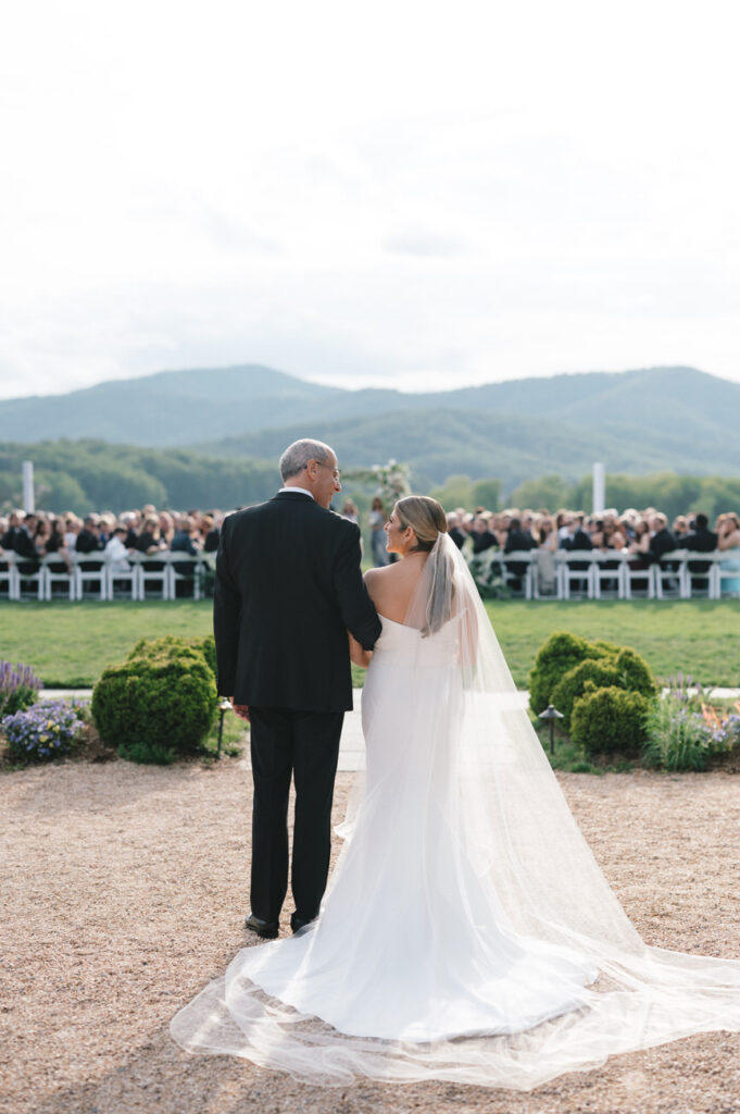 A bride and groom stand facing each other with guests seated in the background, set against a scenic landscape of rolling hills and a clear sky.