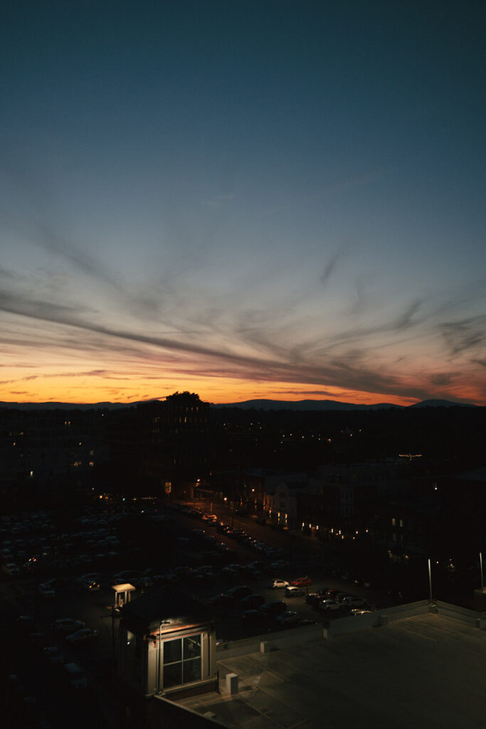 The sun setting over a city