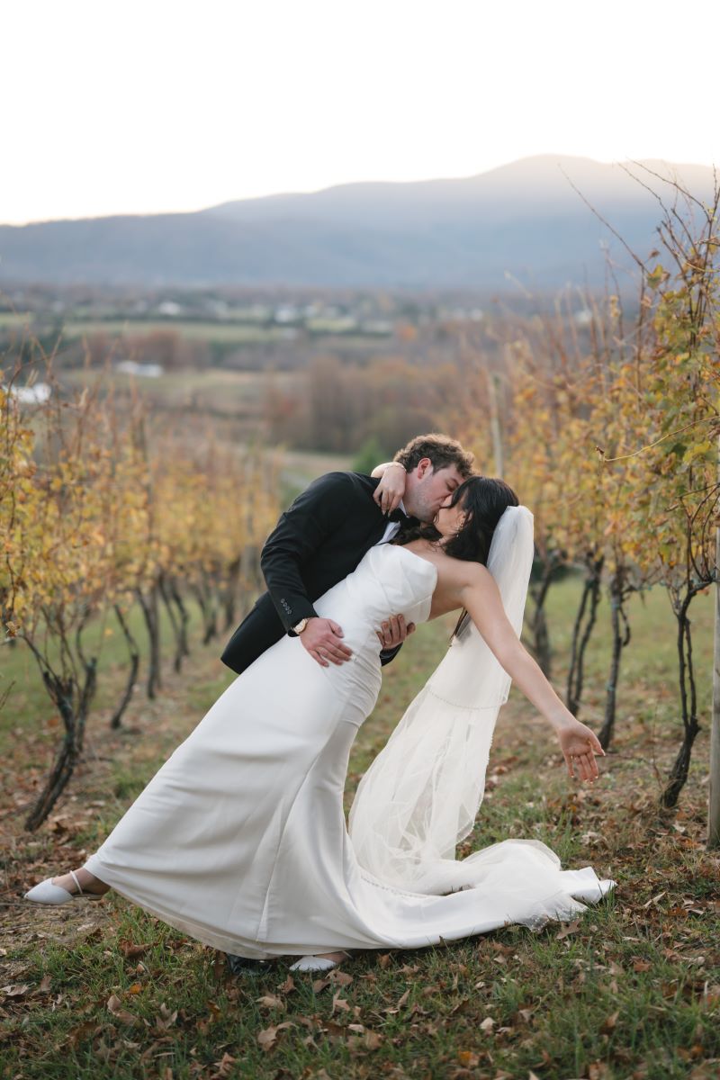 A couple in a vineyard the woman is wearing a white wedding dress and white veil and her partner is dipping her backwards and kissing her and he is wearing a black tuxedo 